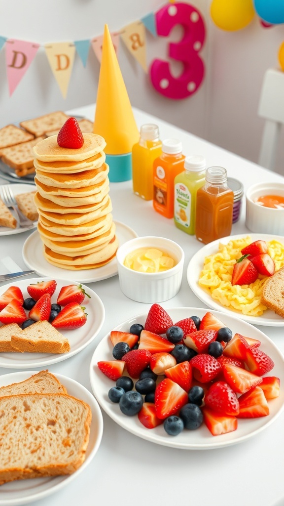 A festive brunch table with mini pancakes, fruit platter, scrambled eggs, and toast for a child